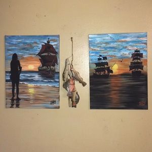Pair 12x16 pirate nautical paintings